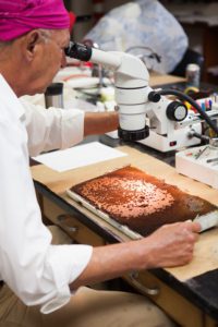 Victor Rainey, a biological science technician, examines a comb of honey bee brood to detect the presence of a highly damaging parasitic mite.