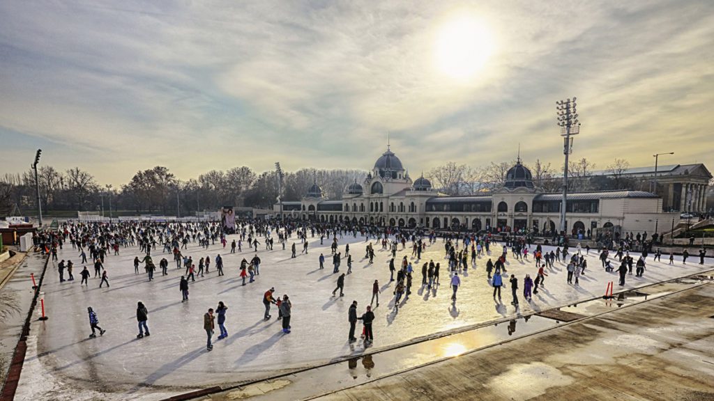 Budapest, Hungary - December 29, 2013: City Park in Budapest is Europe's largest outdoor ice skating rink in the winter and a lake for boating in the summer.