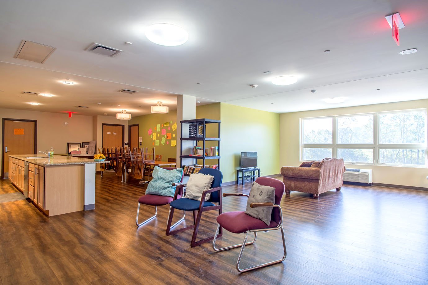 Suite-style pods encircle shared living quarters that offer a communal space for the THRIVE students to eat, study and relax after the classrooms are closed. Photo by Frank McMains.