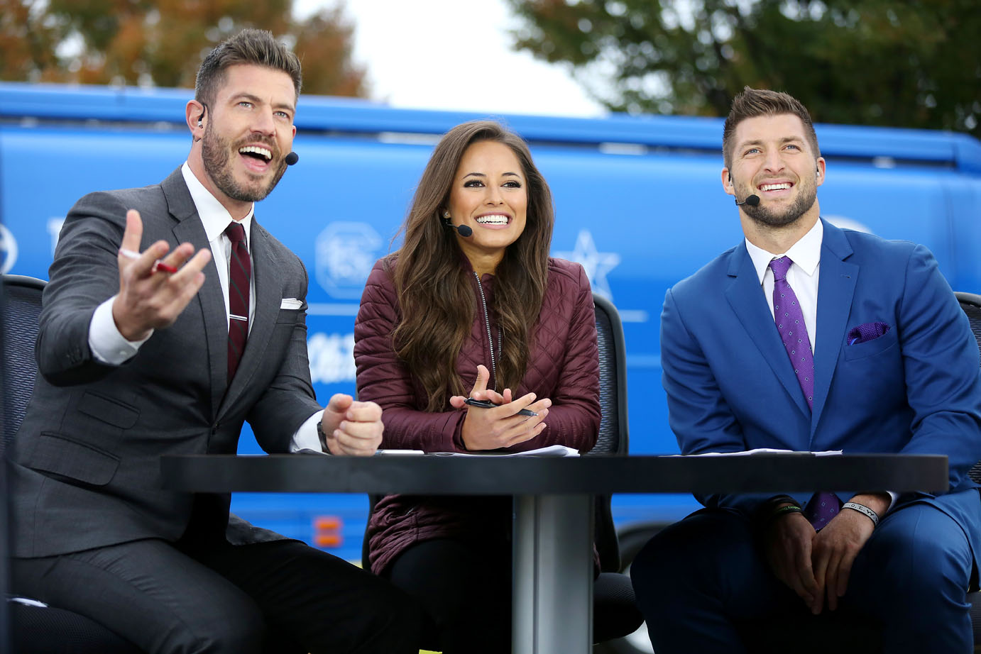 Kaylee Hartung holds her own, sharing the screen with Jesse Palmer and Tim Tebow on SEC Nation. Photo by Chet White / ESPN Images.
