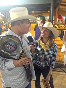 Dixon interviews Les Miles after LSU defeated the Texas Tech Red Raiders at the 2015 Rodeo Bowl in Richmond, Texas. Photo courtesy of Michael Bonnette. 