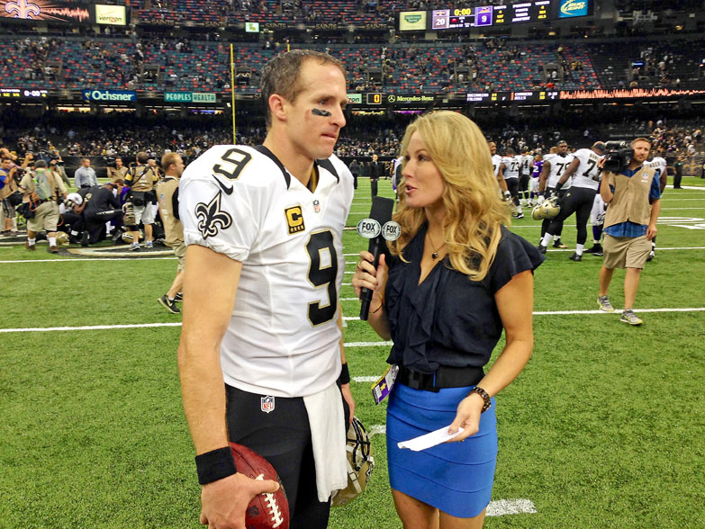 Hale talks to New Orleans Saints quarterback Drew Brees after a 2014 win against the Minnesota Vikings at the Mercedes-Benz Superdome. Phtoto courtesy Fox Sports.