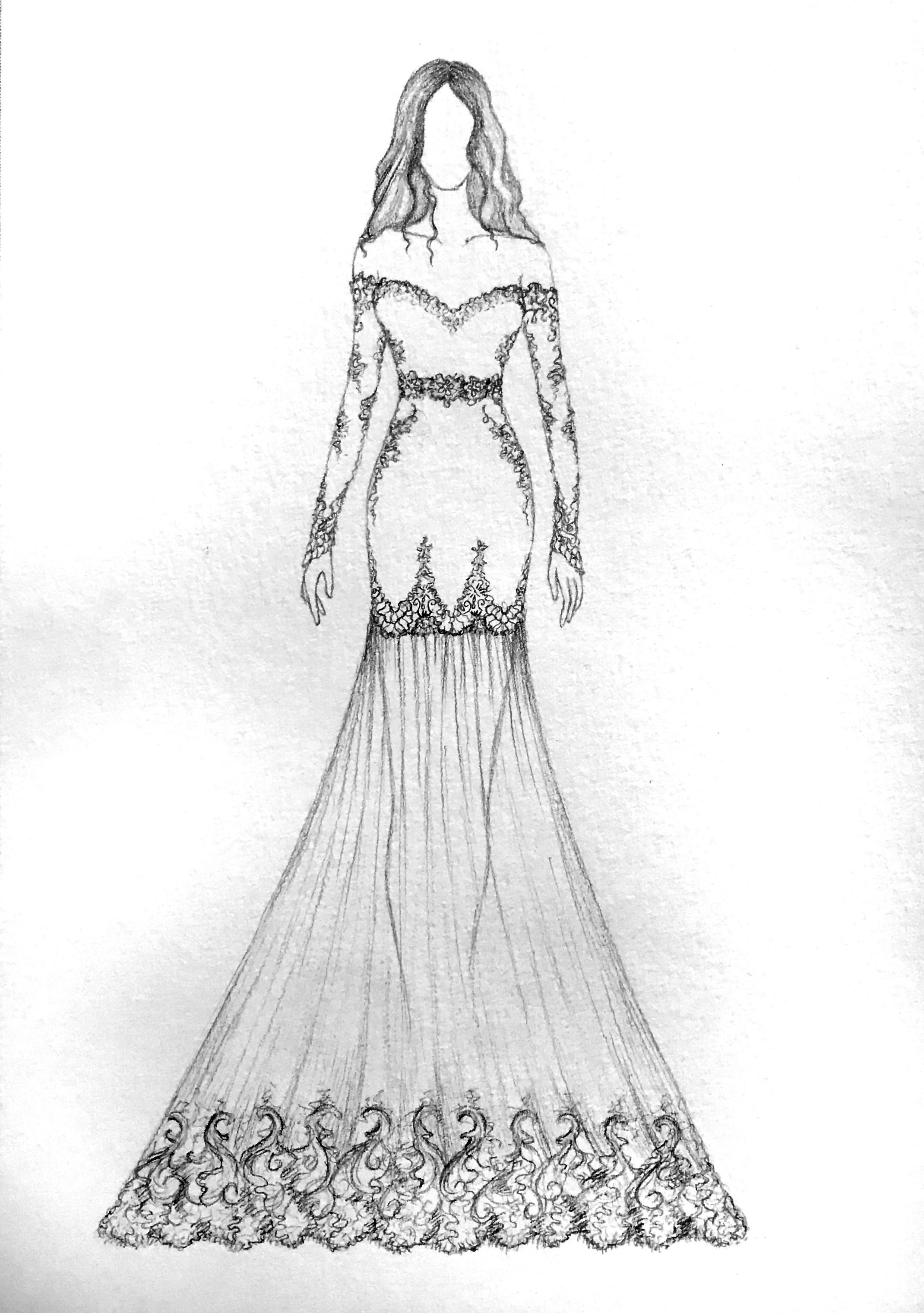 Elegant Illusion Jewel Neck Custom Lace Mermaid Bridal Dress Sketch