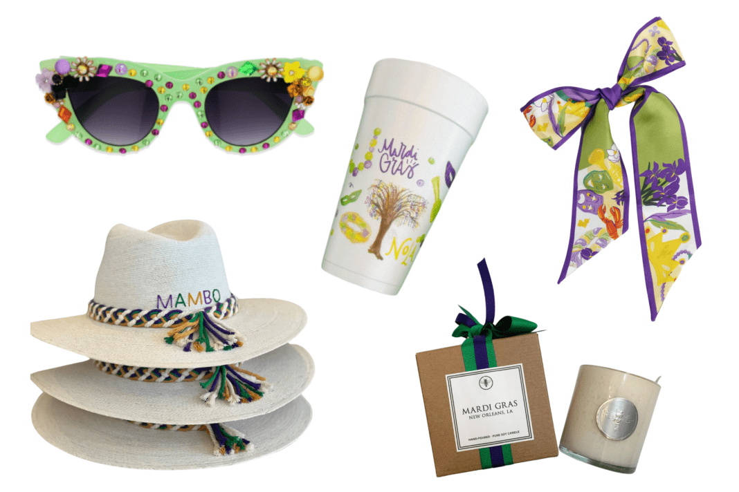 Green sunglasses and a white brimmed hat with a Mardi Gras scarf and a Mardi Gras styrofoam cup and a Mardi Gras scarf and a Mardi Gras candle on a white background