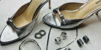 Silver is a sprint style staple this year seen in these silver slingback high heel shoes silver pendant earrings and long chain silver necklace with a silver bangle bracelet